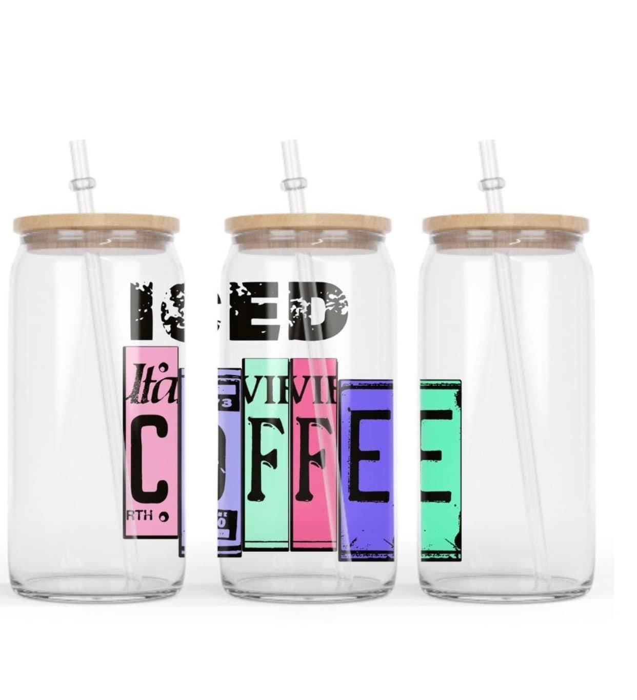 Iced Coffee Glass Cup with clear straw and bamboo lid – Smile Graphics and  Designs