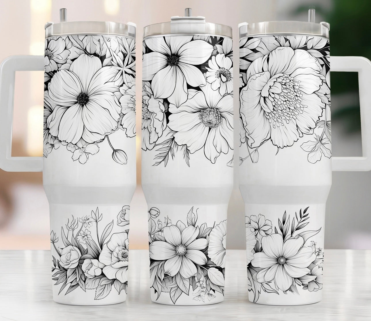 Greyscale Floral 40 oz Tumbler Preorder 4 wk tat