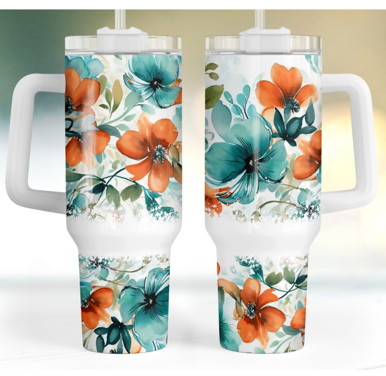 Teal and Orange Flowers 40 oz Tumbler Preorder 4 wk tat