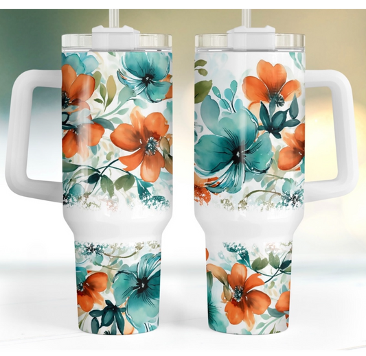 Teal and Orange Flowers 40 oz Tumbler Preorder 4 wk tat