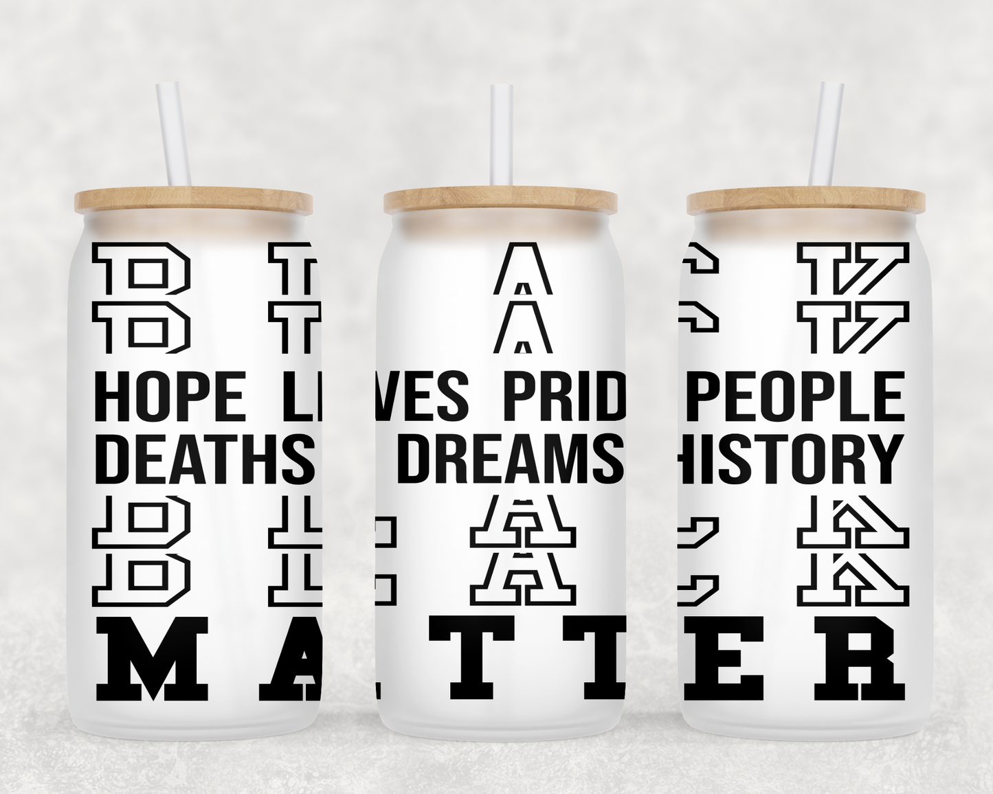 Black Lives Matter Glass Cup with clear straw and bamboo lid