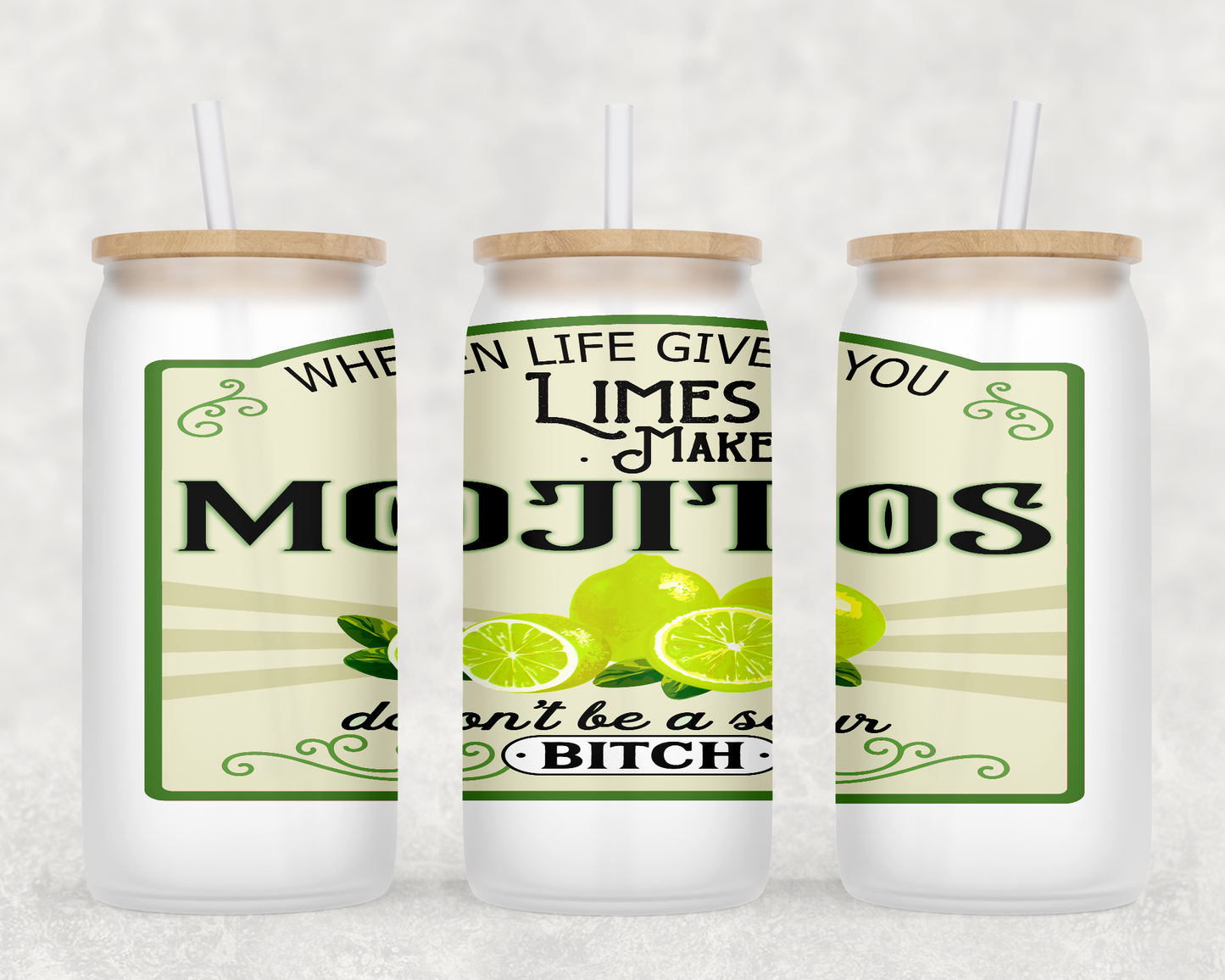 Mojitos Snarky Glass Cup with clear straw and bamboo lid