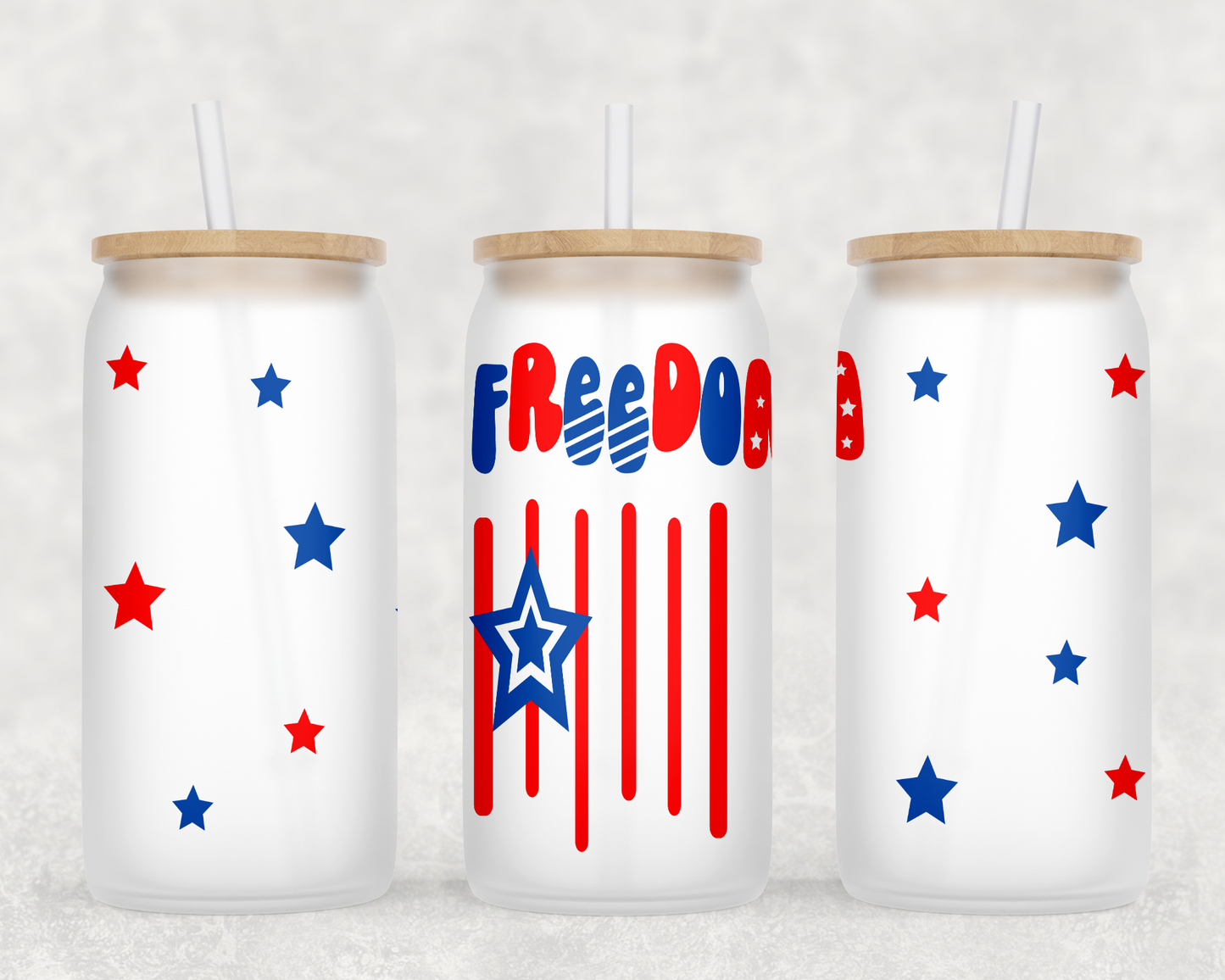 Freedom Glass Cup with clear straw and bamboo lid