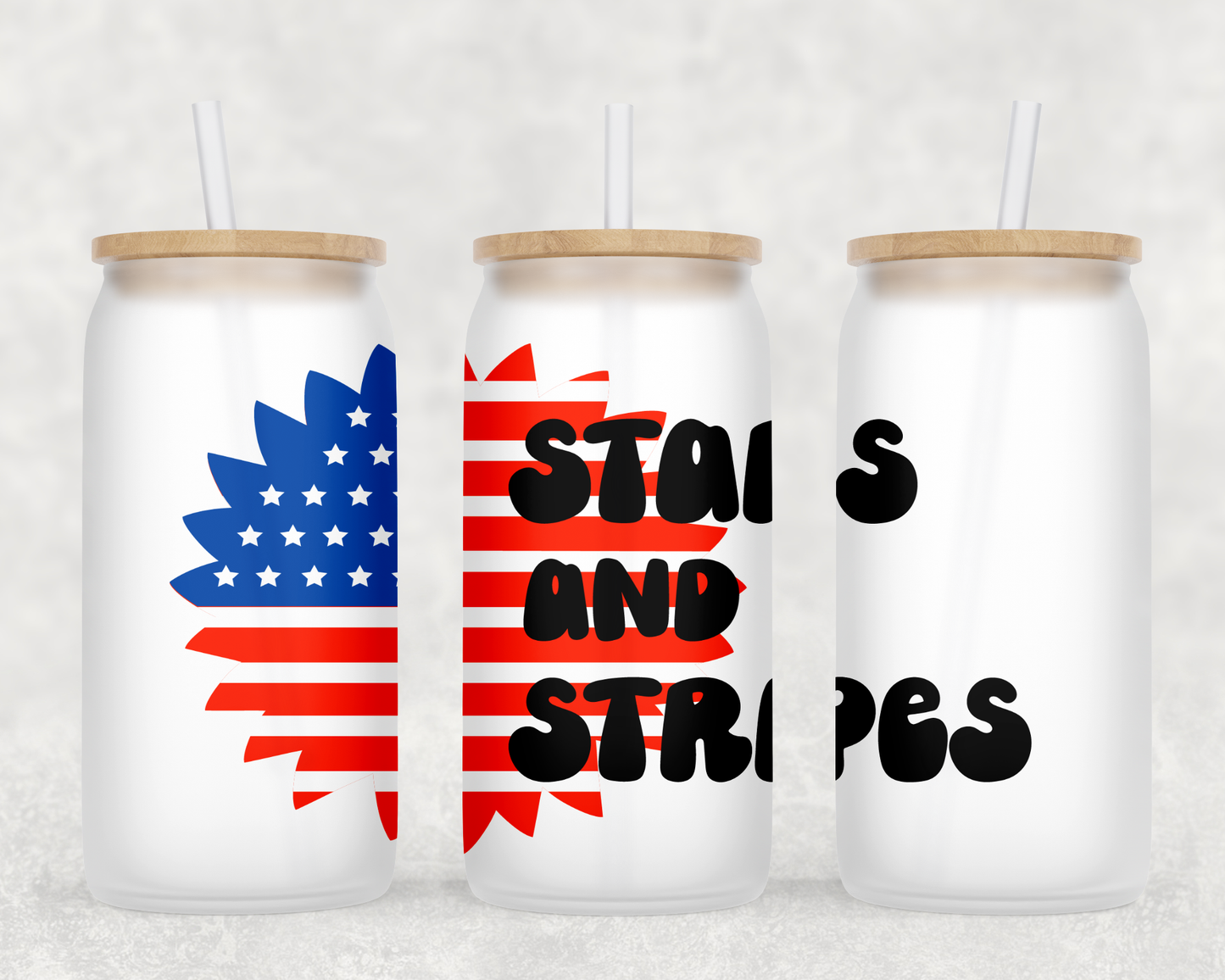 Stars and Stripes Glass Cup with clear straw and bamboo lid