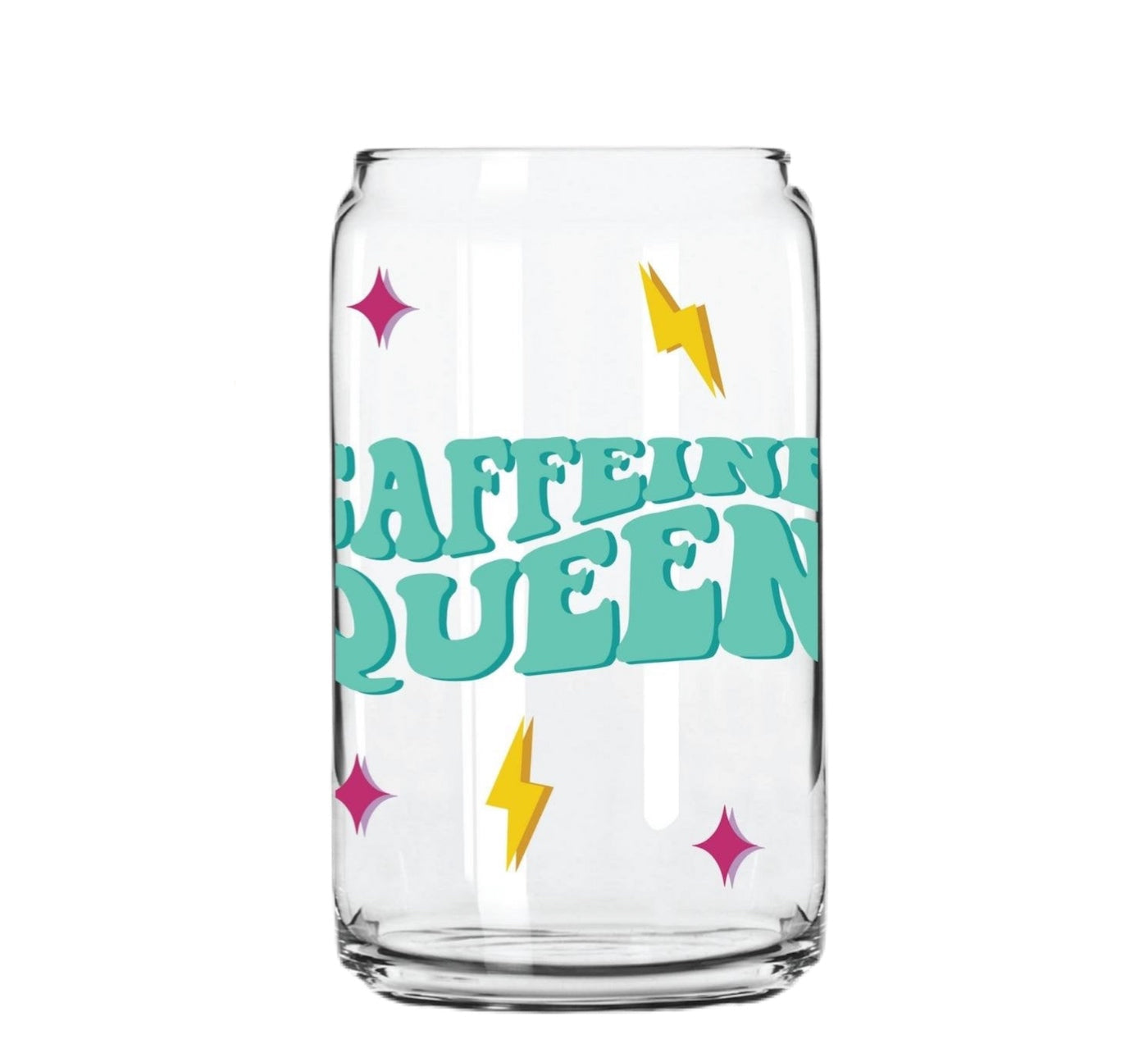 Caffeine Queen Glass Cup with clear straw and bamboo lid