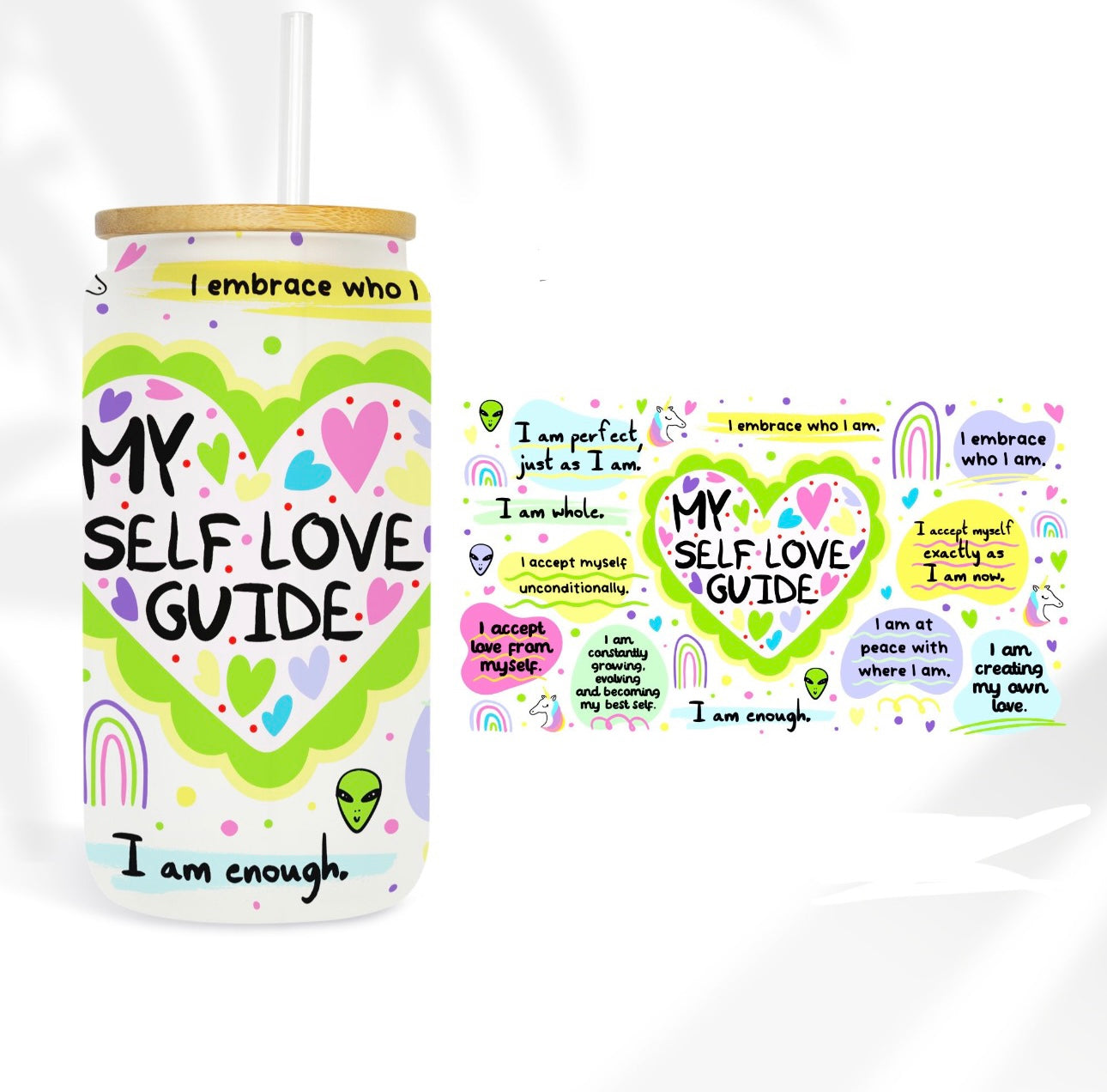 Self Love Glass Cup with clear straw and bamboo lid