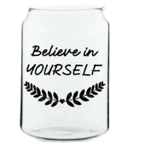 Believe In Yourself Glass Cup with clear straw and bamboo lid