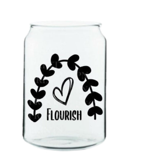 Flourish Glass Cup with clear straw and bamboo lid