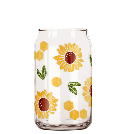 Sunflower Glass Cup with clear straw and bamboo lid