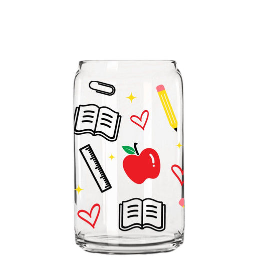 Fun Teacher Glass Cup with clear straw and bamboo lid