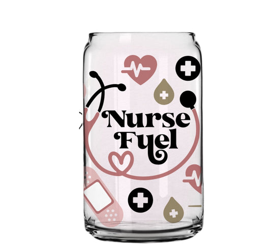 Nurse Fuel Glass Cup with clear straw and bamboo lid