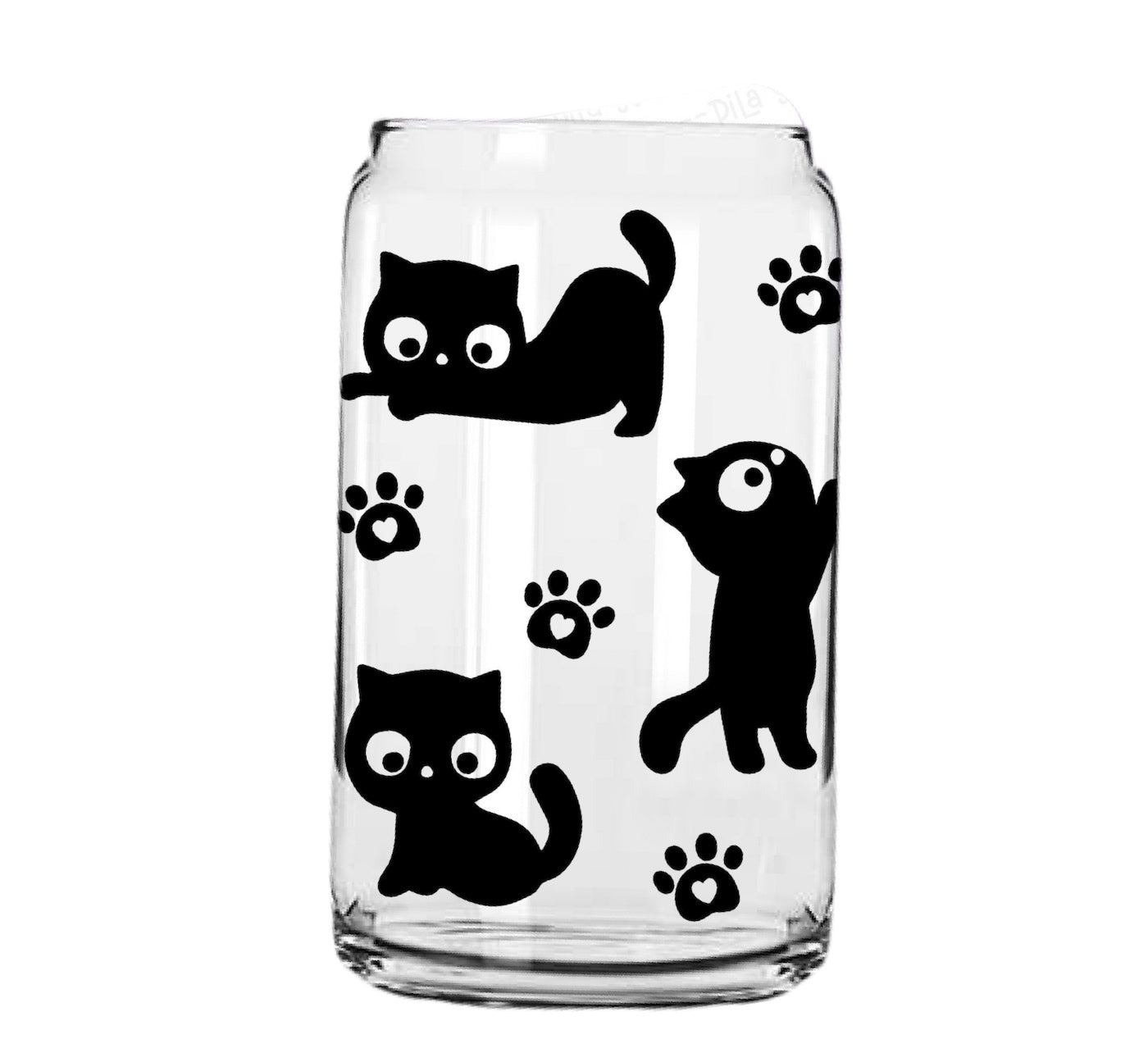 Kitties Glass Cup with clear straw and bamboo lid