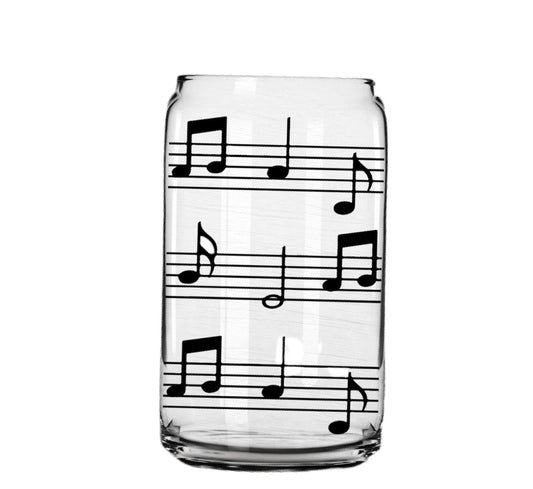 Music Notes Glass Cup with clear straw and bamboo lid