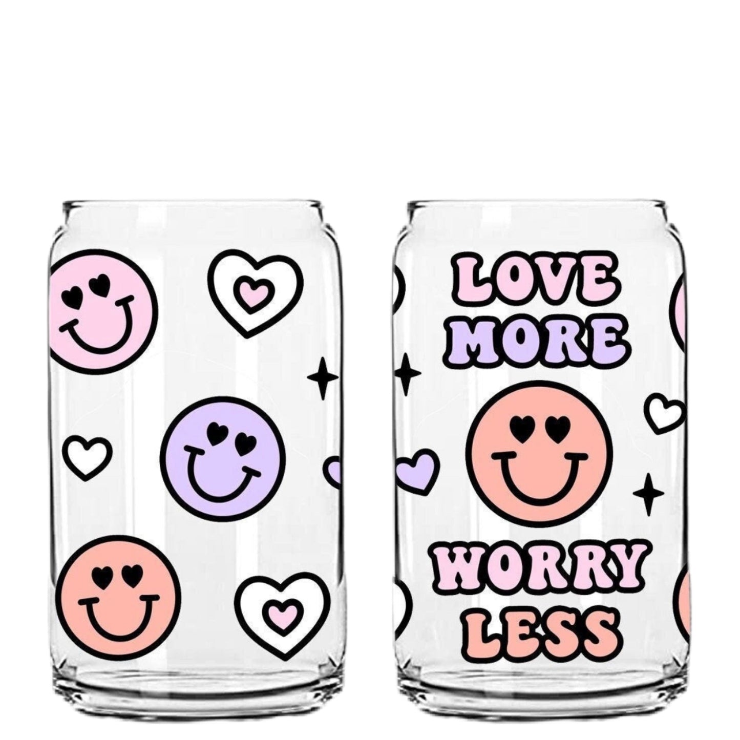 Love More Worry Less Glass Cup with clear straw and bamboo lid