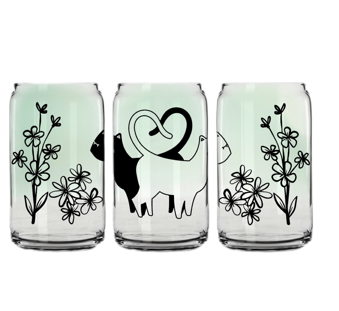 Cat Hearts Glass Cup with clear straw and bamboo lid