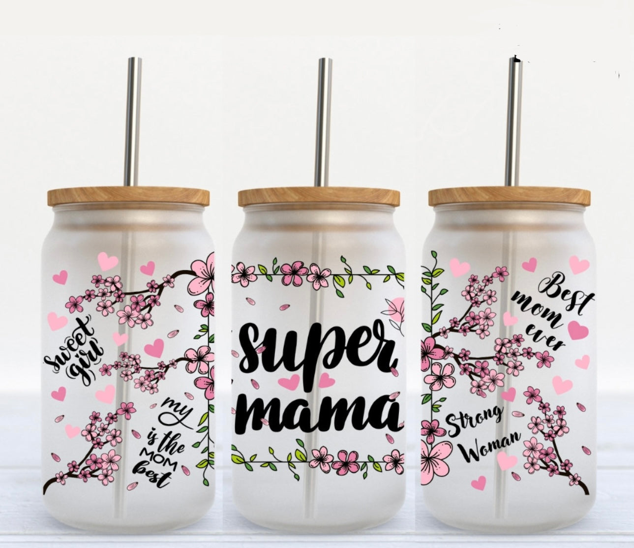 Super Mama Glass Cup with clear straw and bamboo lid