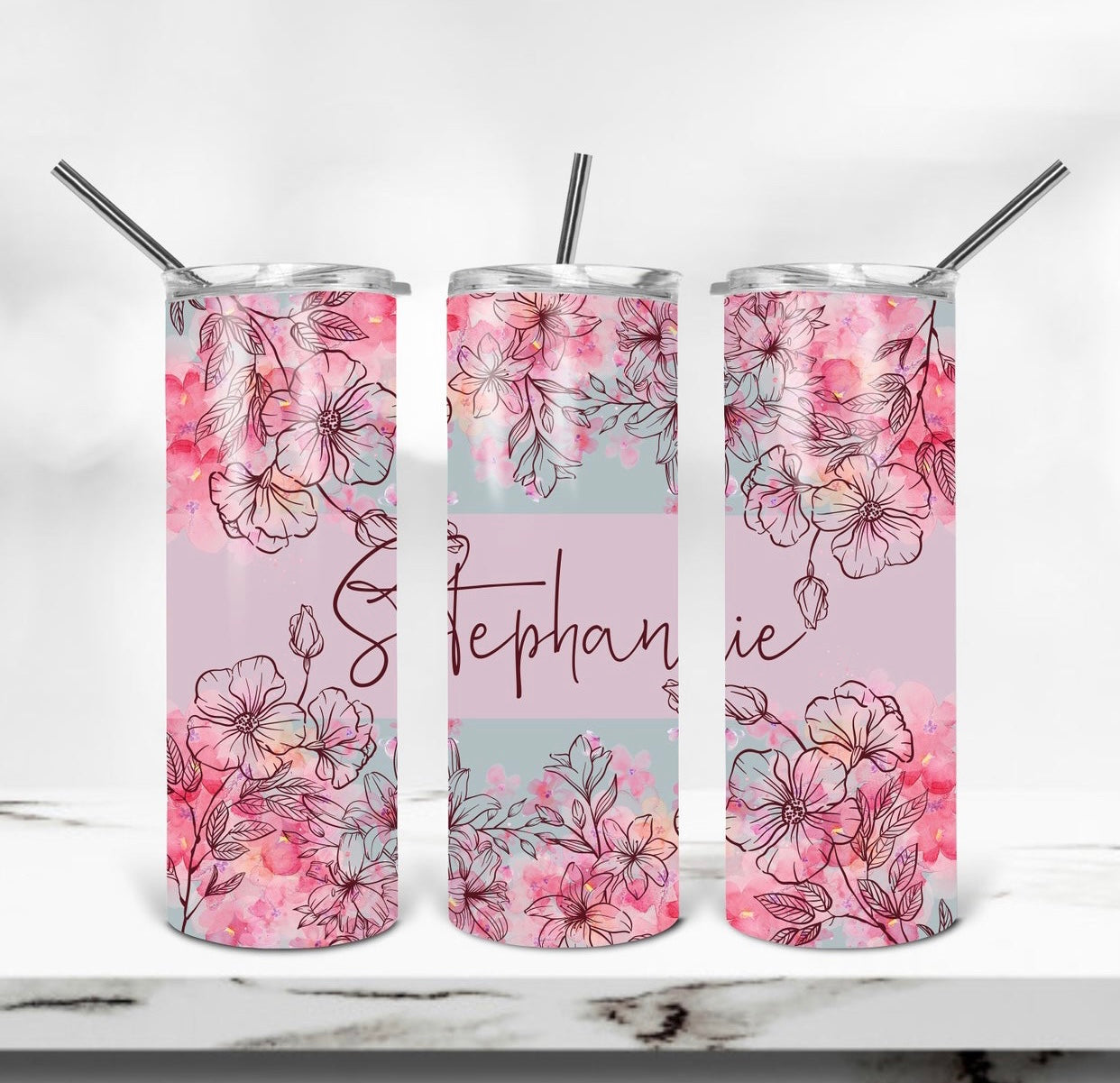 *your name here* Pink Florals Tumbler