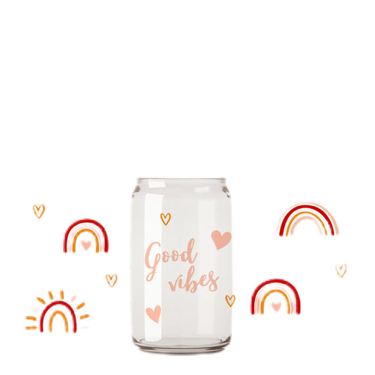 Good Vibes Glass Cup with clear straw and bamboo lid