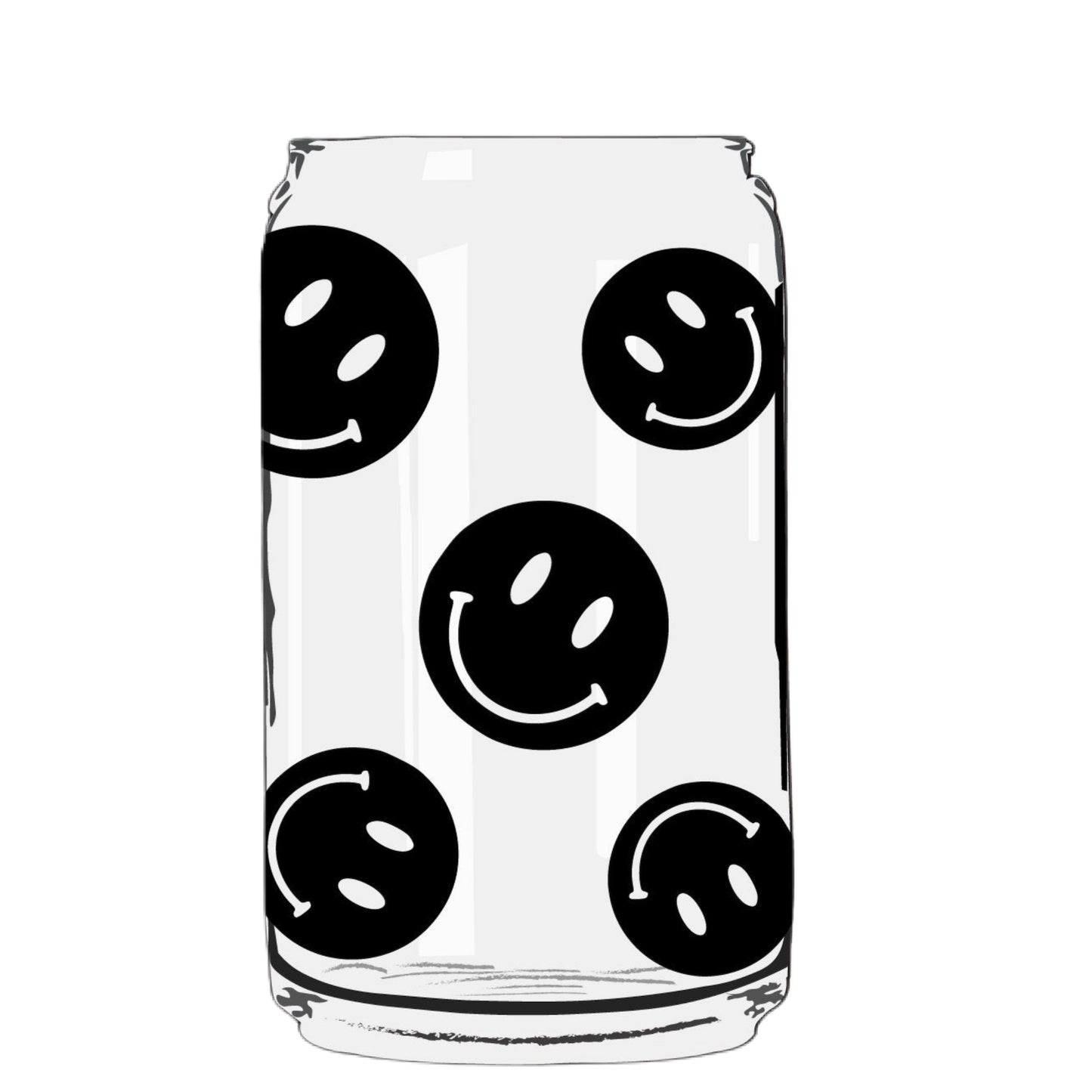 Happy Faces Glass Cup with clear straw and bamboo lid