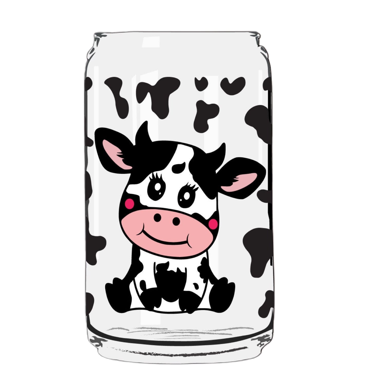 Cutie Cow Glass Cup with clear straw and bamboo lid