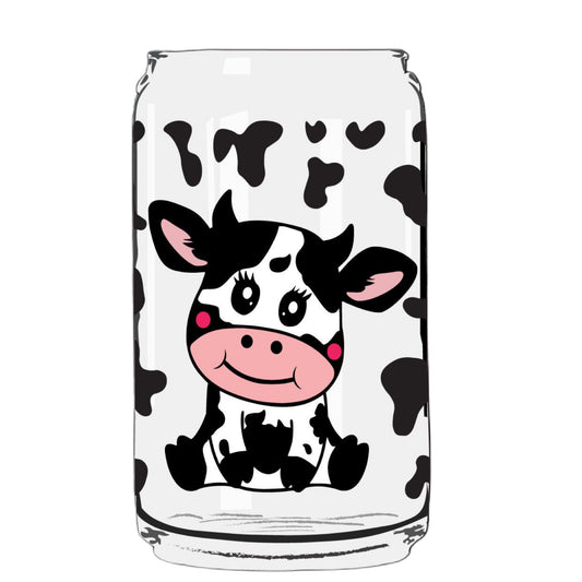 Cutie Cow Glass Cup with clear straw and bamboo lid