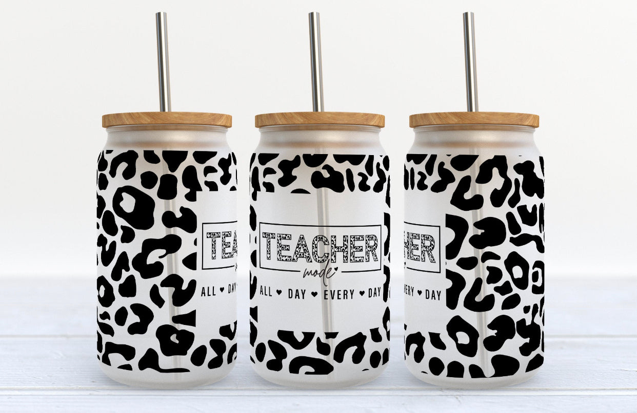 Teacher Mode Glass Cup with clear straw and bamboo lid