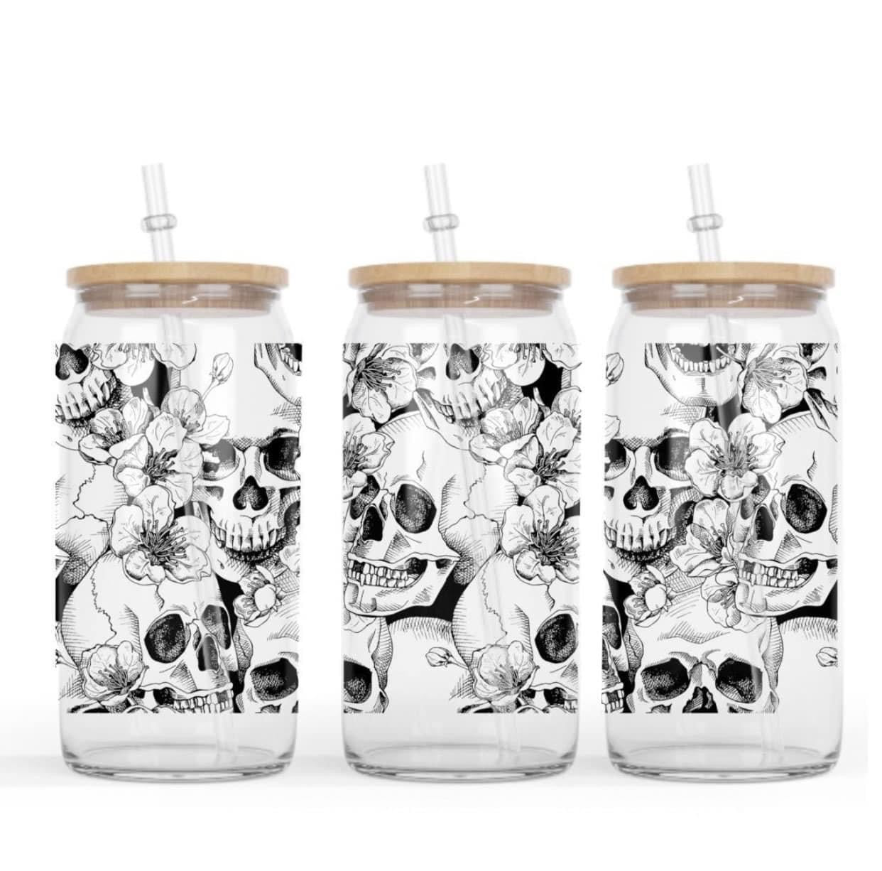 Skulls Glass Cup with clear straw and bamboo lid