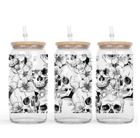 Skulls Glass Cup with clear straw and bamboo lid