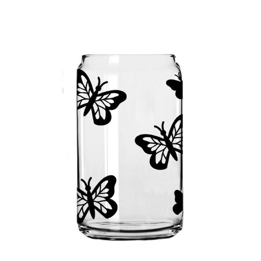 Detailed Butterfly Glass Cup with clear straw and bamboo lid