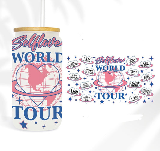 World Tour Glass Cup with clear straw and bamboo lid